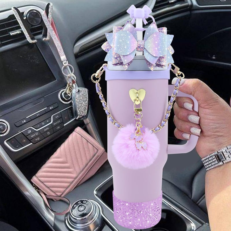 SEMATA Bling Accessories for Stanley Cup 40oz & 30oz Tumbler Including Silicone Cute Bow Straw Topper Cover, Silicone Boot for Stanley Cup,Leather Water Bottle Handle Strap, Charms(Purple) - Image 5